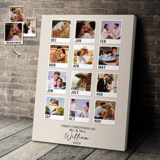 12 Months of Love: Custom Monthly Photo As Mr & Mrs - Personalized Customized Canvas - Gifts For Couple, 1st Christmas Gift for Couple