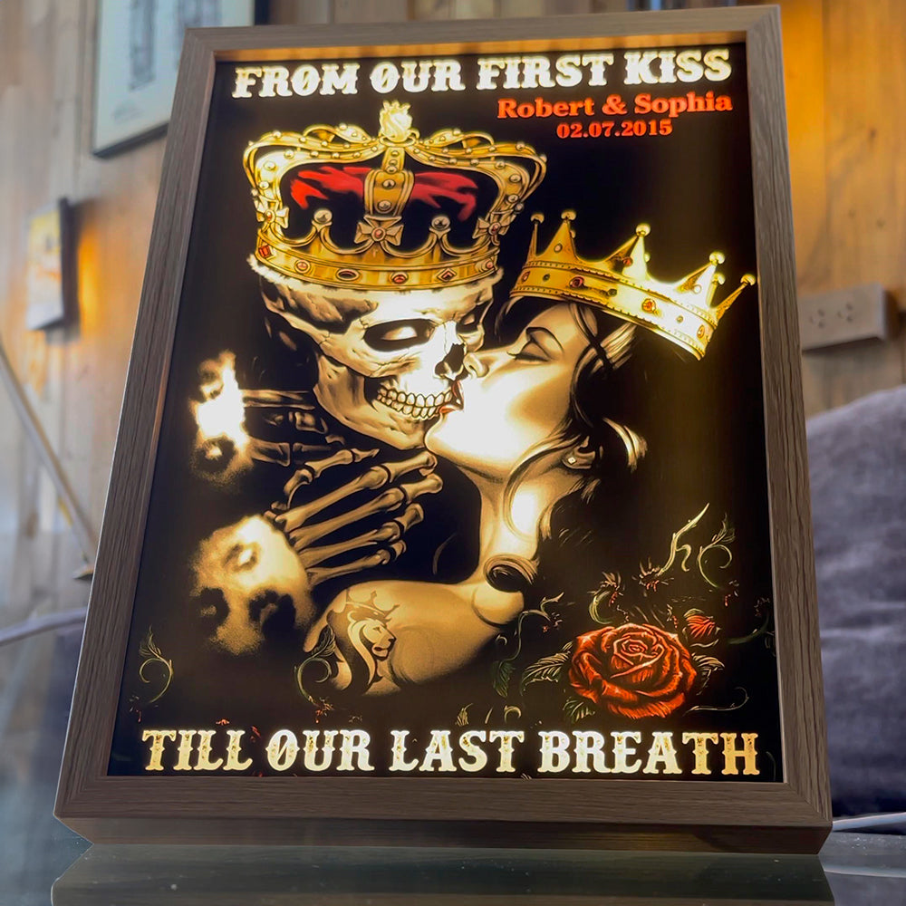 From Our First Kiss Till Our Last Breath, Couple Gift, Personalized Light Picture Frame, Skull Couple Light Frame