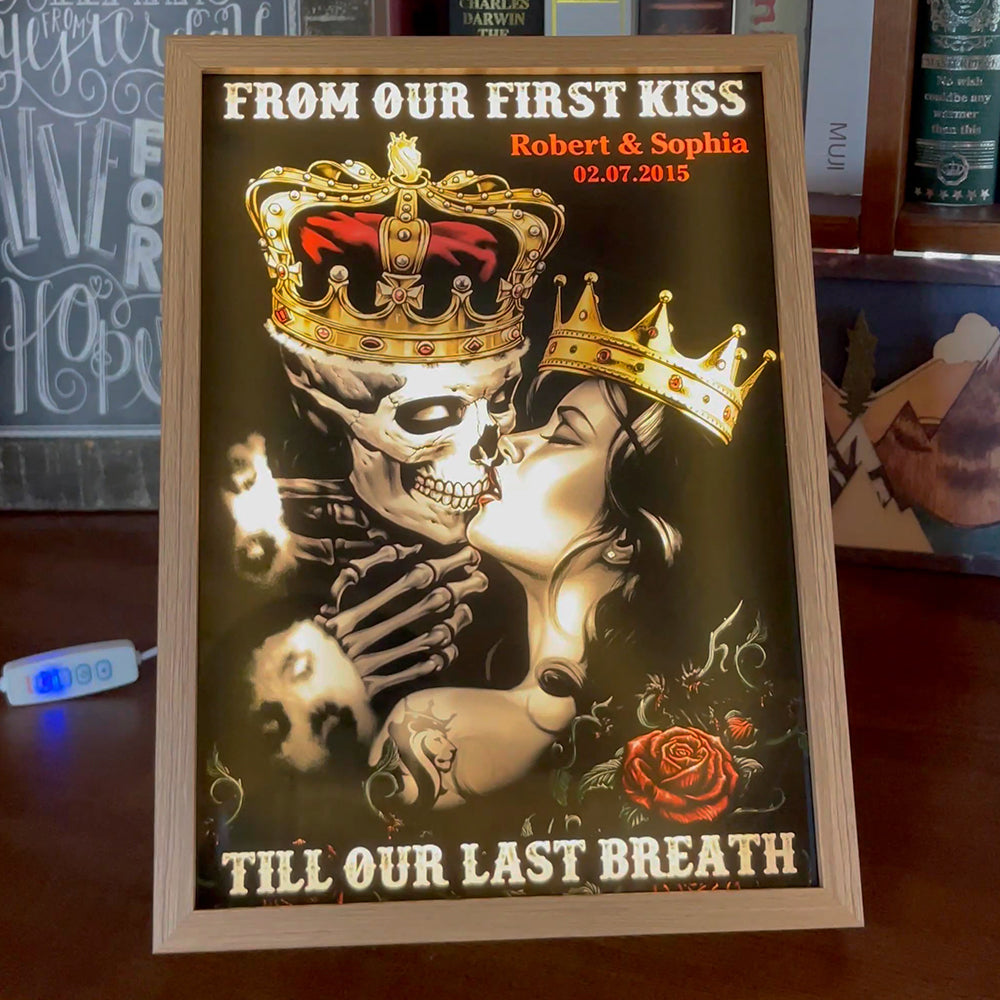 From Our First Kiss Till Our Last Breath, Couple Gift, Personalized Light Picture Frame, Skull Couple Light Frame