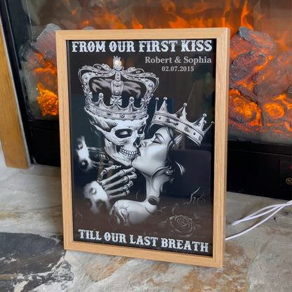 From Our First Kiss Till Our Last Breath, Couple Gift, Personalized Light Picture Frame, Skull Couple Light Frame