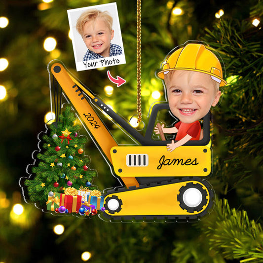 Photo Ornament - Personalized Christmas Crane Ornament, Excavator Kids Gift, Excavator Ornament Christmas Tree Hanging, Construction Toy Ornament Gifts for Kids