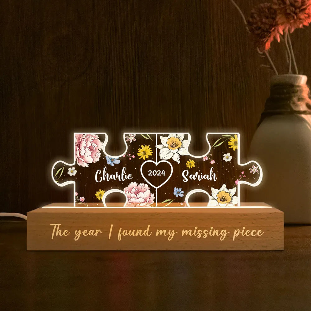 Birth Month Flower Love Is The Piece That Holds Us Together Couple Name Puzzle LED Night Light, Personalized Romantic Home Bedroom Decor For Couples, Valentine's Day Gifts For Her, For Him