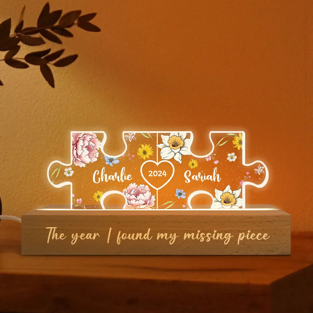 Birth Month Flower Love Is The Piece That Holds Us Together Couple Name Puzzle LED Night Light, Personalized Romantic Home Bedroom Decor For Couples, Valentine's Day Gifts For Her, For Him