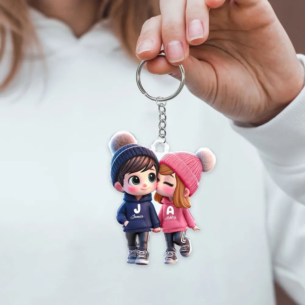 3D Cute Cartoon Couple Walking Personalized Acrylic Keychain, Valentine's Day Gift for Him, Gift for Her