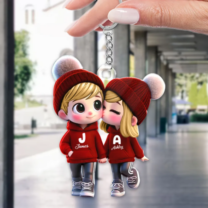 3D Cute Cartoon Couple Walking Personalized Acrylic Keychain, Valentine's Day Gift for Him, Gift for Her