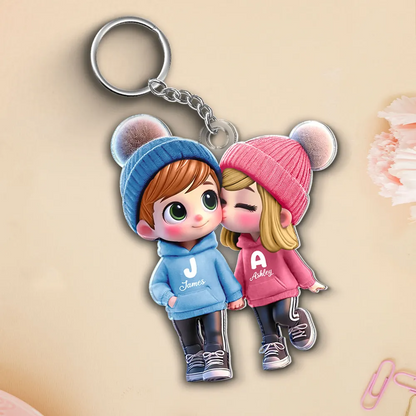 3D Cute Cartoon Couple Walking Personalized Acrylic Keychain, Valentine's Day Gift for Him, Gift for Her