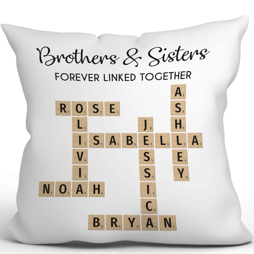 Brothers & Sisters Forever Linked Together Crossword Puzzle Art Personalized Pillow, Gift For Brothers, Sisters, Siblings, Family