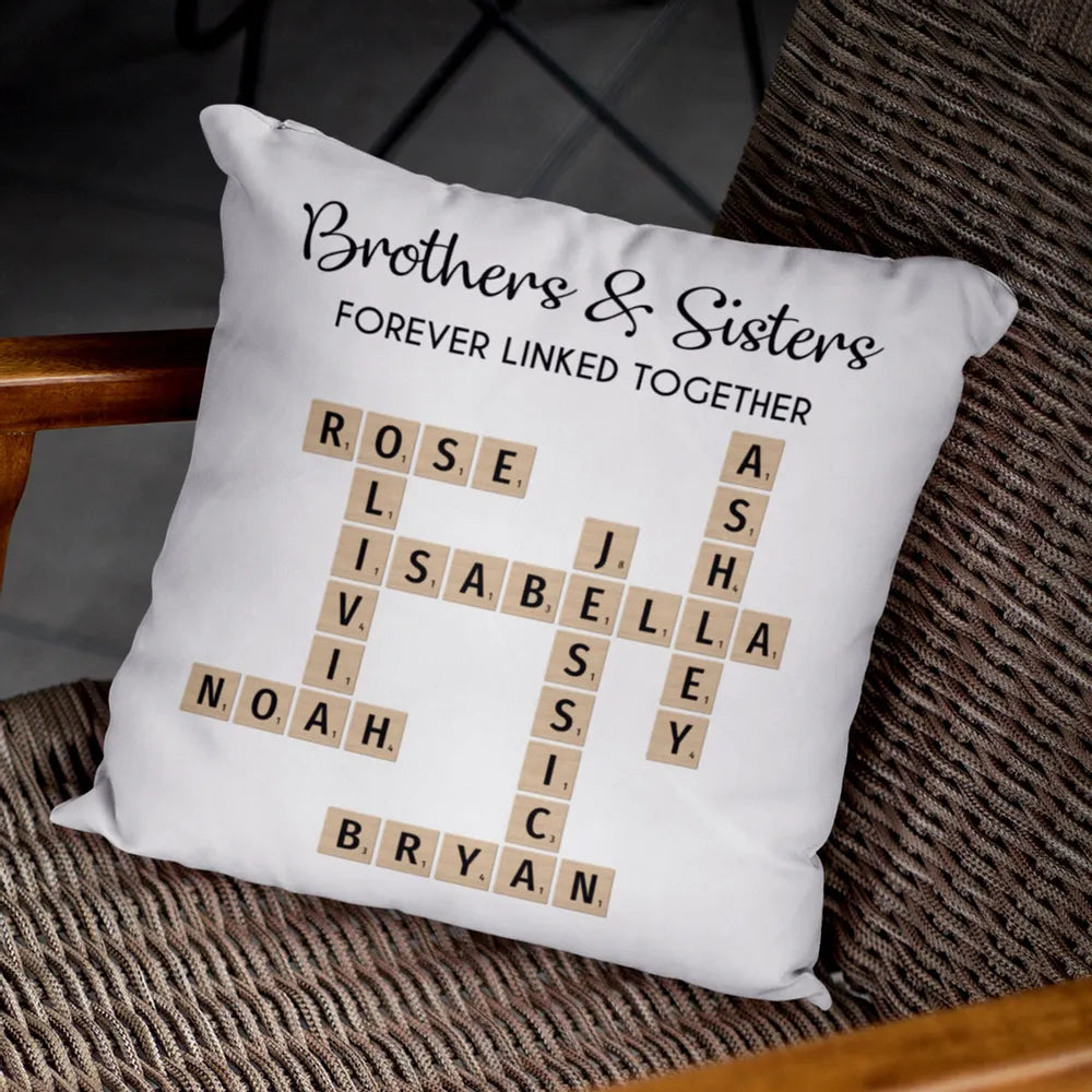 Brothers & Sisters Forever Linked Together Crossword Puzzle Art Personalized Pillow, Gift For Brothers, Sisters, Siblings, Family