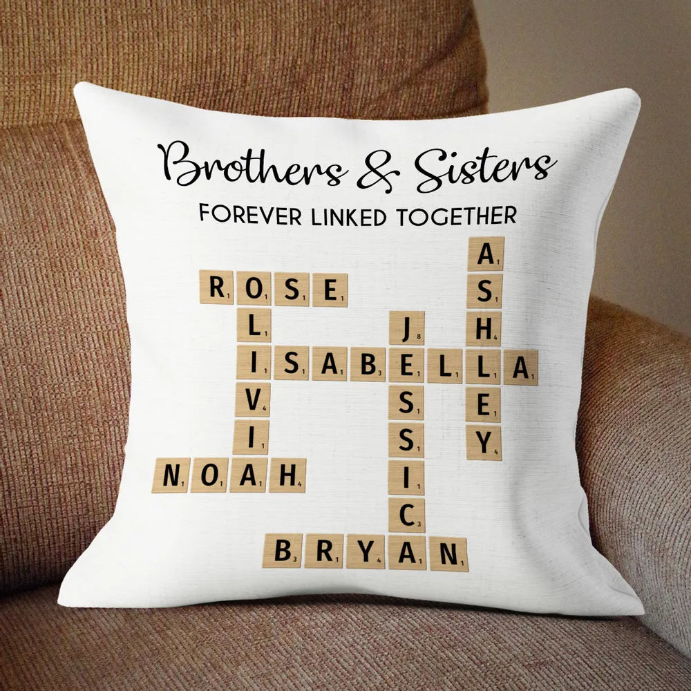 Brothers & Sisters Forever Linked Together Crossword Puzzle Art Personalized Pillow, Gift For Brothers, Sisters, Siblings, Family