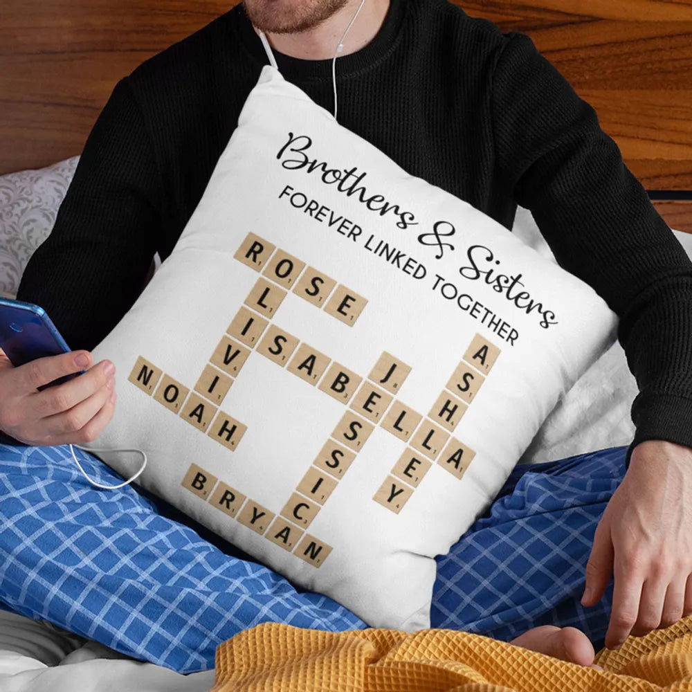 Brothers & Sisters Forever Linked Together Crossword Puzzle Art Personalized Pillow, Gift For Brothers, Sisters, Siblings, Family