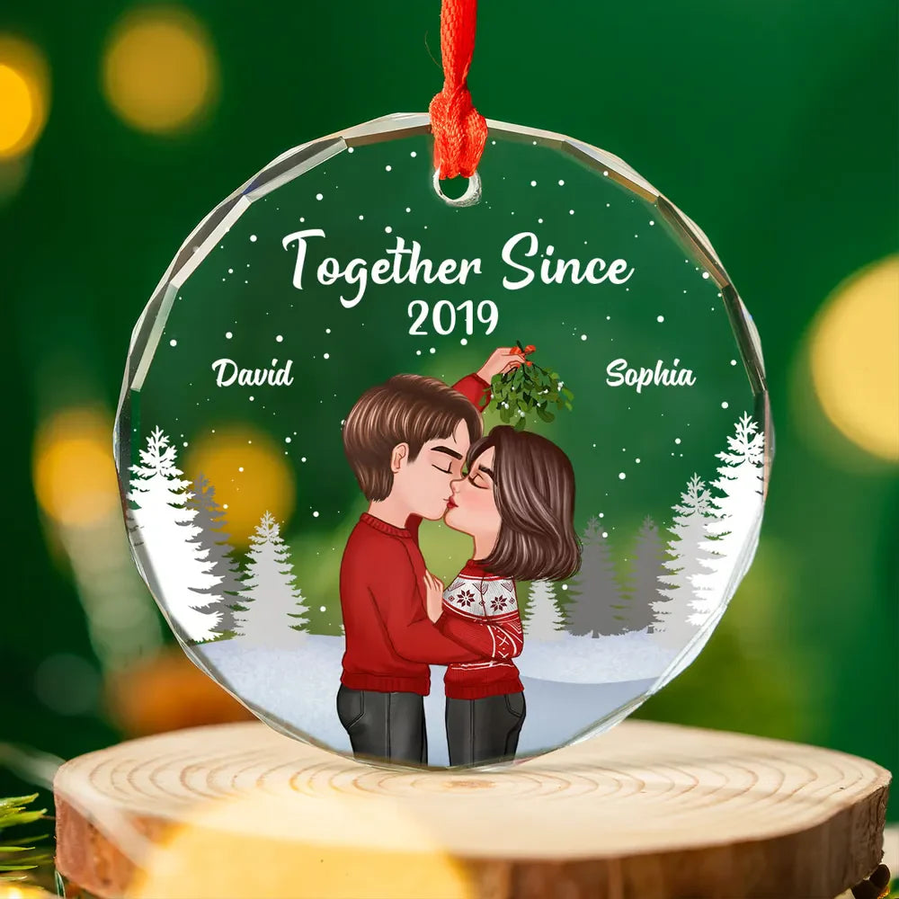 Couple Kissing Under Mistletoe Christmas Night - Personalized Glass Ornament