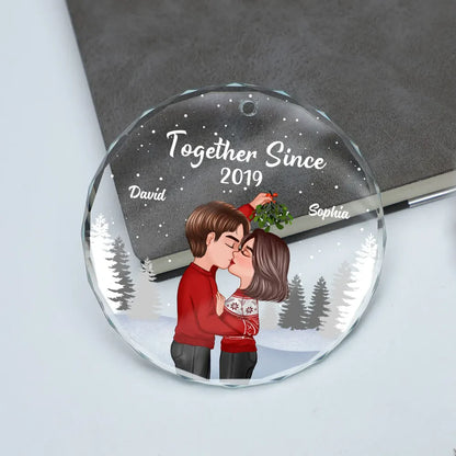 Couple Kissing Under Mistletoe Christmas Night - Personalized Glass Ornament