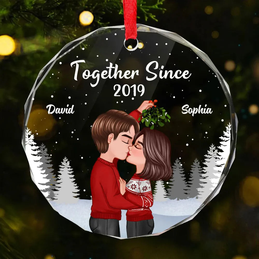 Couple Kissing Under Mistletoe Christmas Night - Personalized Glass Ornament