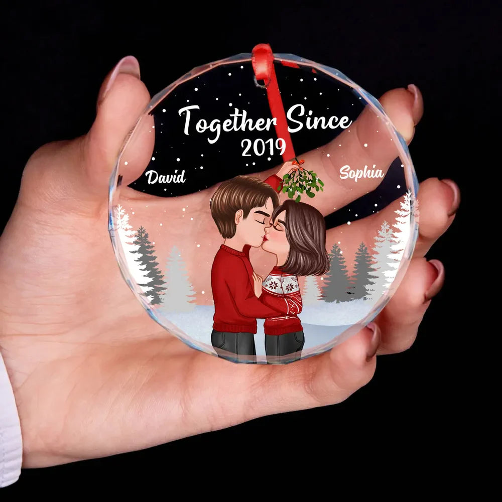 Couple Kissing Under Mistletoe Christmas Night - Personalized Glass Ornament