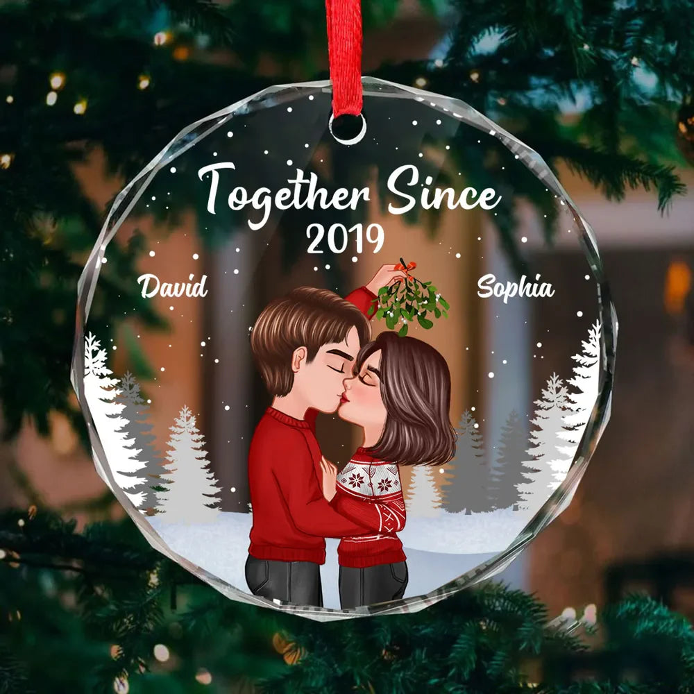 Couple Kissing Under Mistletoe Christmas Night - Personalized Glass Ornament