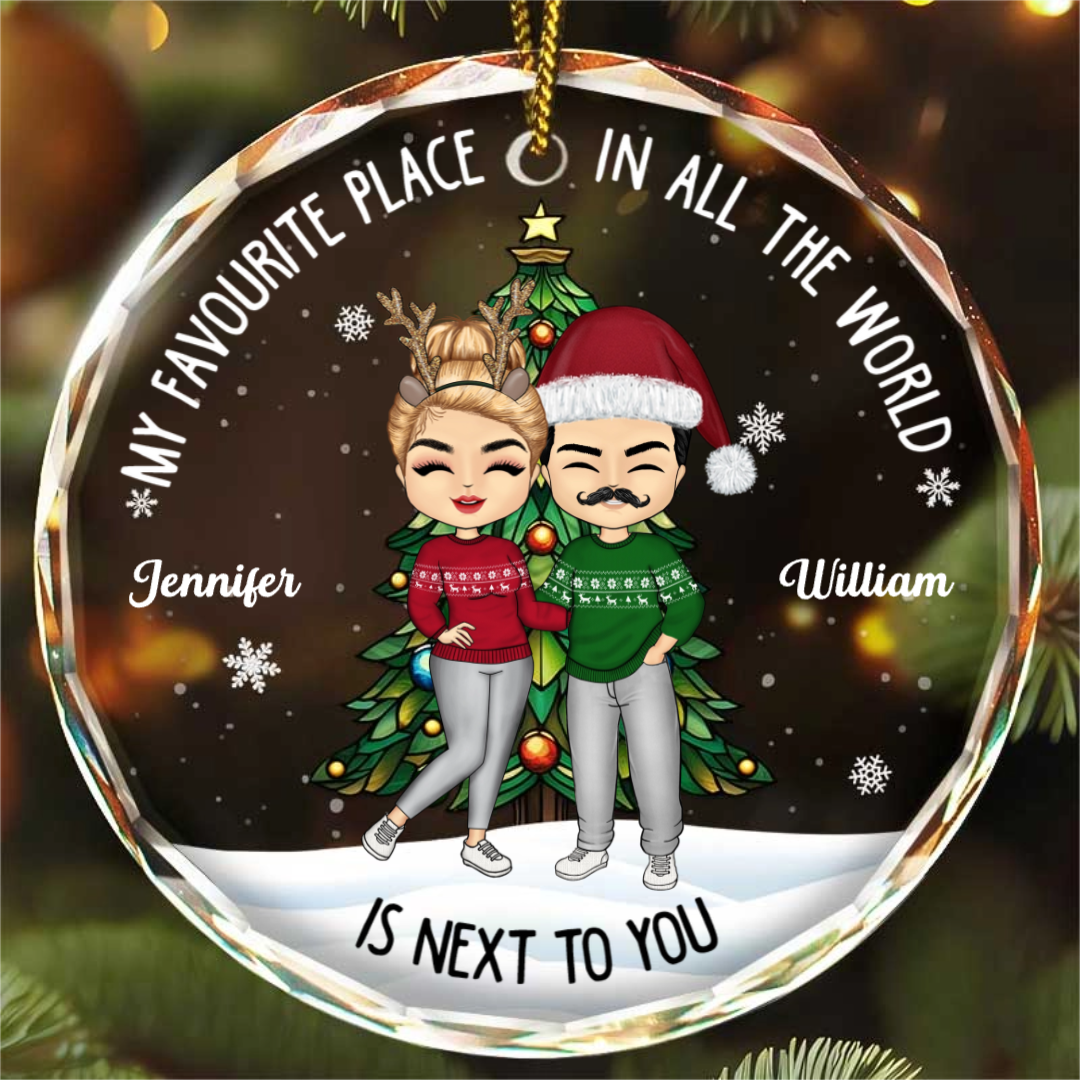 Christmas Couple My Favorite Place In All The World - Personalized Circle Glass Ornament