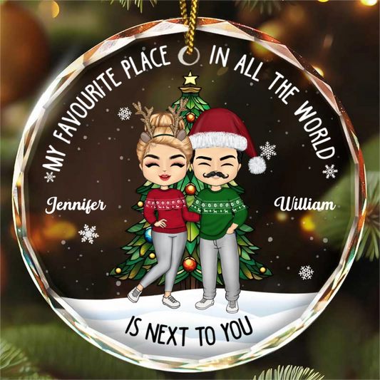 Christmas Couple My Favorite Place In All The World - Personalized Circle Glass Ornament