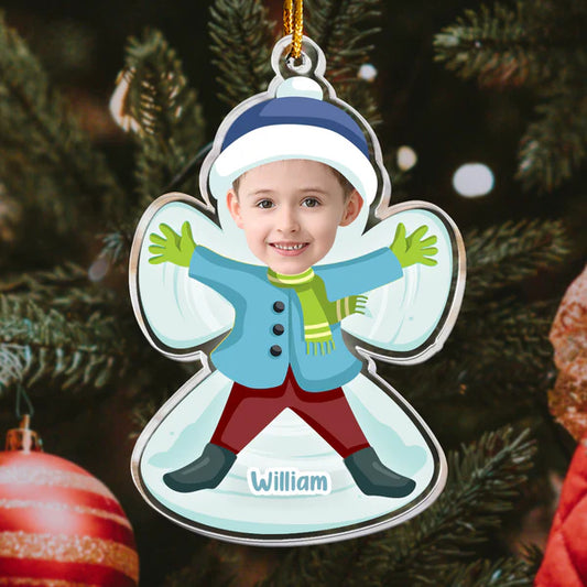 Kid Making Snow Angels Christmas - Personalized Photo Ornament