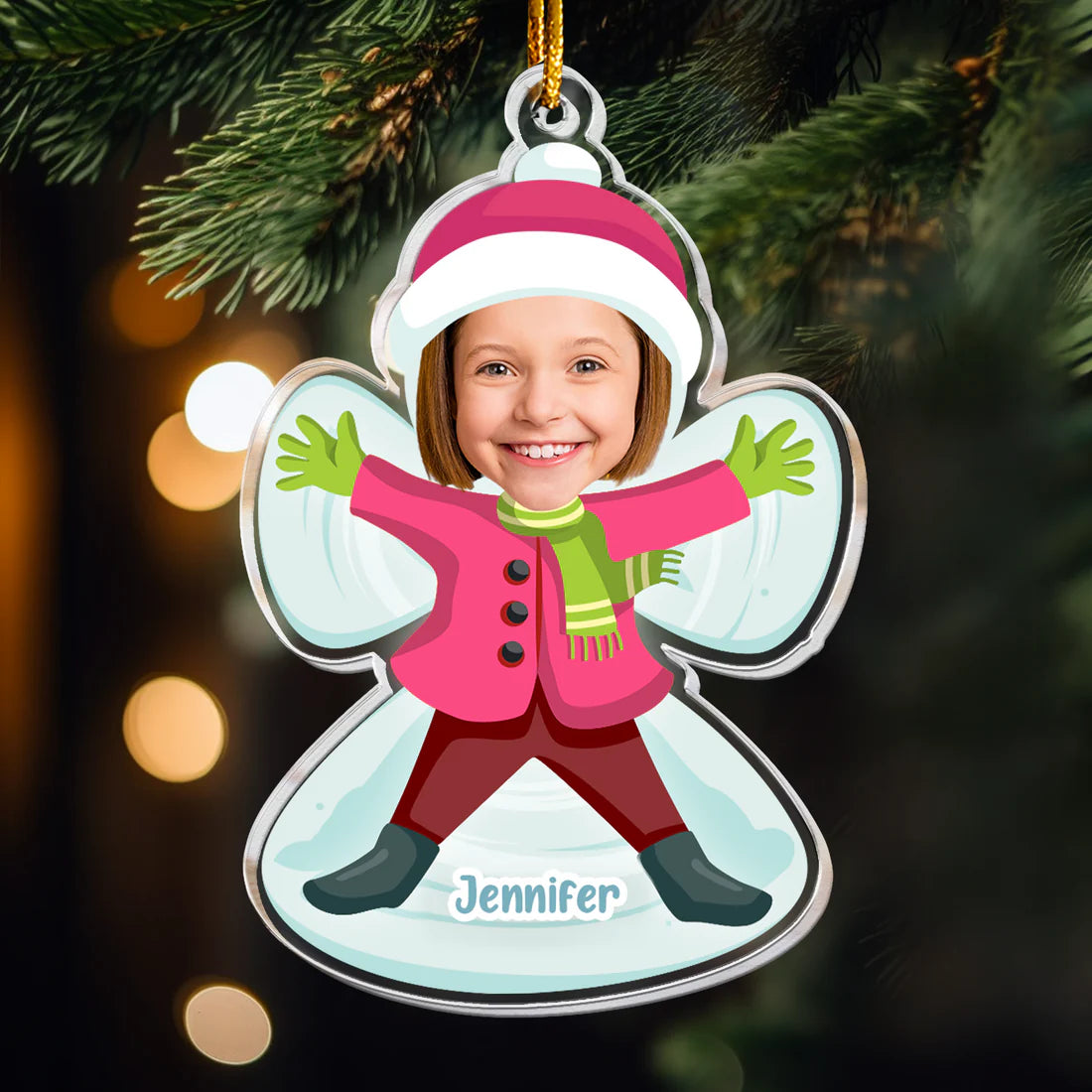 Kid Making Snow Angels Christmas - Personalized Photo Ornament