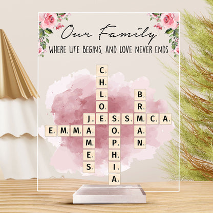 Our Family Love, Name Scrabble Style - Personalized Acrylic Plaque, Family Members Gift