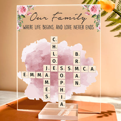 Our Family Love, Name Scrabble Style - Personalized Acrylic Plaque, Family Members Gift