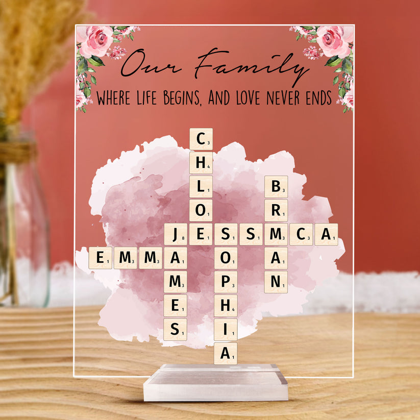 Our Family Love, Name Scrabble Style - Personalized Acrylic Plaque, Family Members Gift