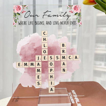 Our Family Love, Name Scrabble Style - Personalized Acrylic Plaque, Family Members Gift