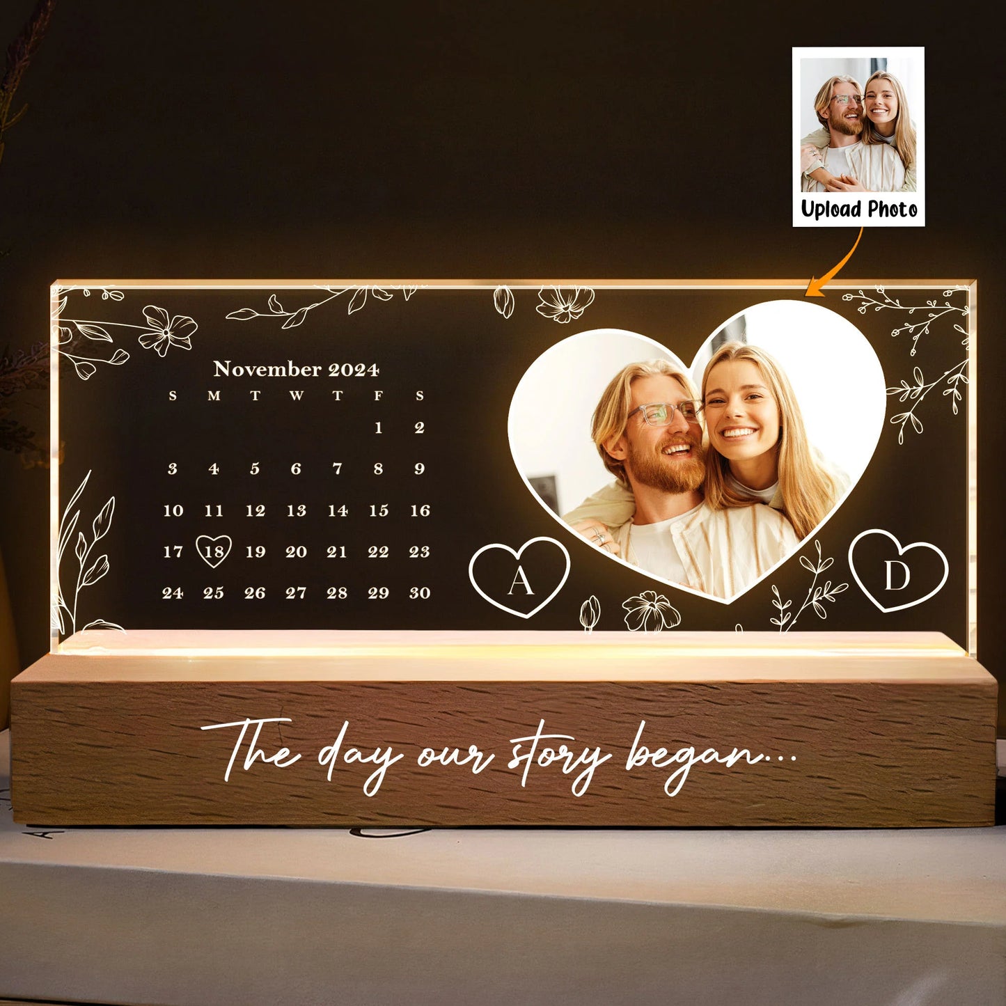 Our Story Began - Personalized Photo & Calendar LED Plaque Night Light – Custom Acrylic Anniversary Gift, Valentine's Gift for Couples