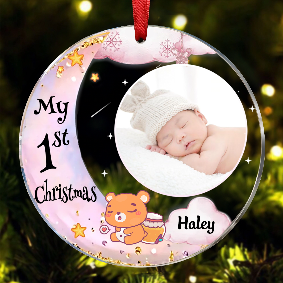 Personalized Baby's First Christmas Custom Photo New Glass Circle Ornament