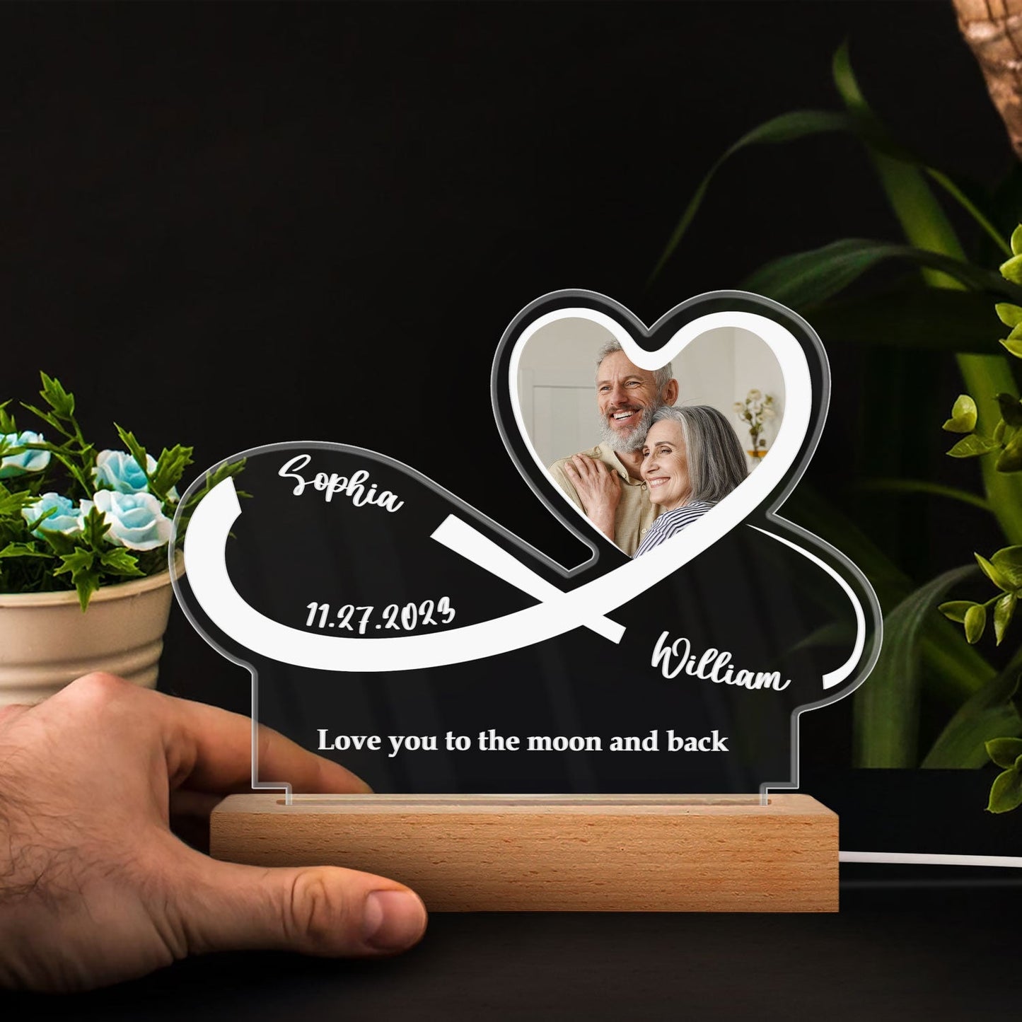 Custom Photo Infinity Heart - Anniversary, Loving Gift For Couples, Spouse, Lover, Wife, Husband, Girlfriend, Boyfriend - Personalized 3D Led Light Wooden Base