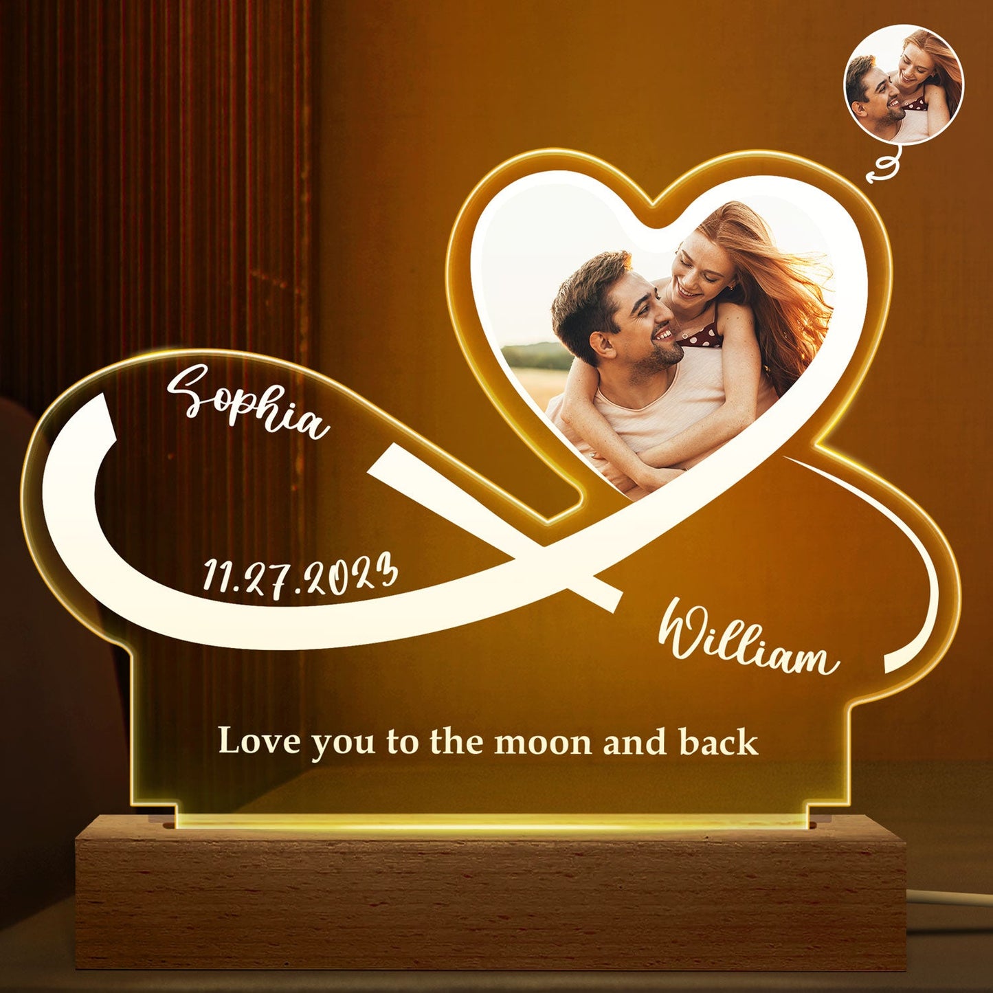 Custom Photo Infinity Heart - Anniversary, Loving Gift For Couples, Spouse, Lover, Wife, Husband, Girlfriend, Boyfriend - Personalized 3D Led Light Wooden Base