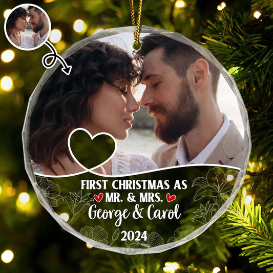 Custom Photo First Christmas As Mr & Mrs Couples - Personalized Circle Glass Ornament