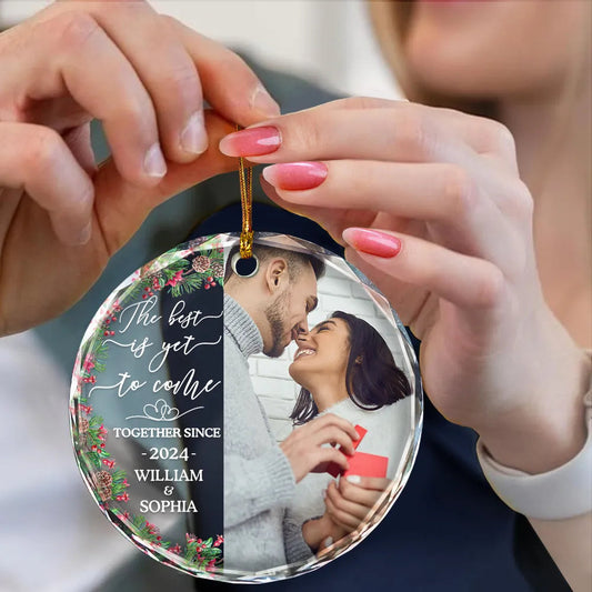 Custom Photo Newly Engaged Couple The Best Is Yet To Come - Personalized Circle Glass Ornament