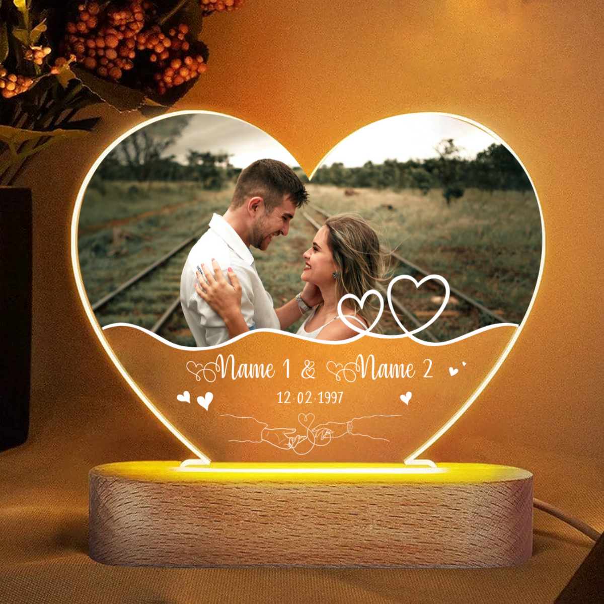 Personalized Photo Heart Night Light, Valentine Days Gift Plaque For Her, Custom Gifts For Girlfriend, Couple Picture Led Light