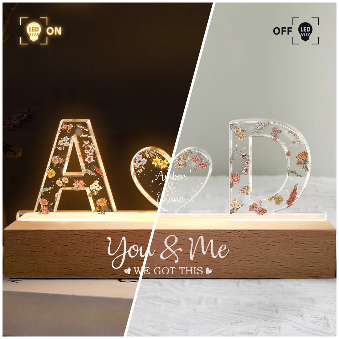 You & Me We Got This Custom Name - Personalized Acrylic Plaque LED Night Light, Couple Anniversary Gifts, Valentines Gift for Couples