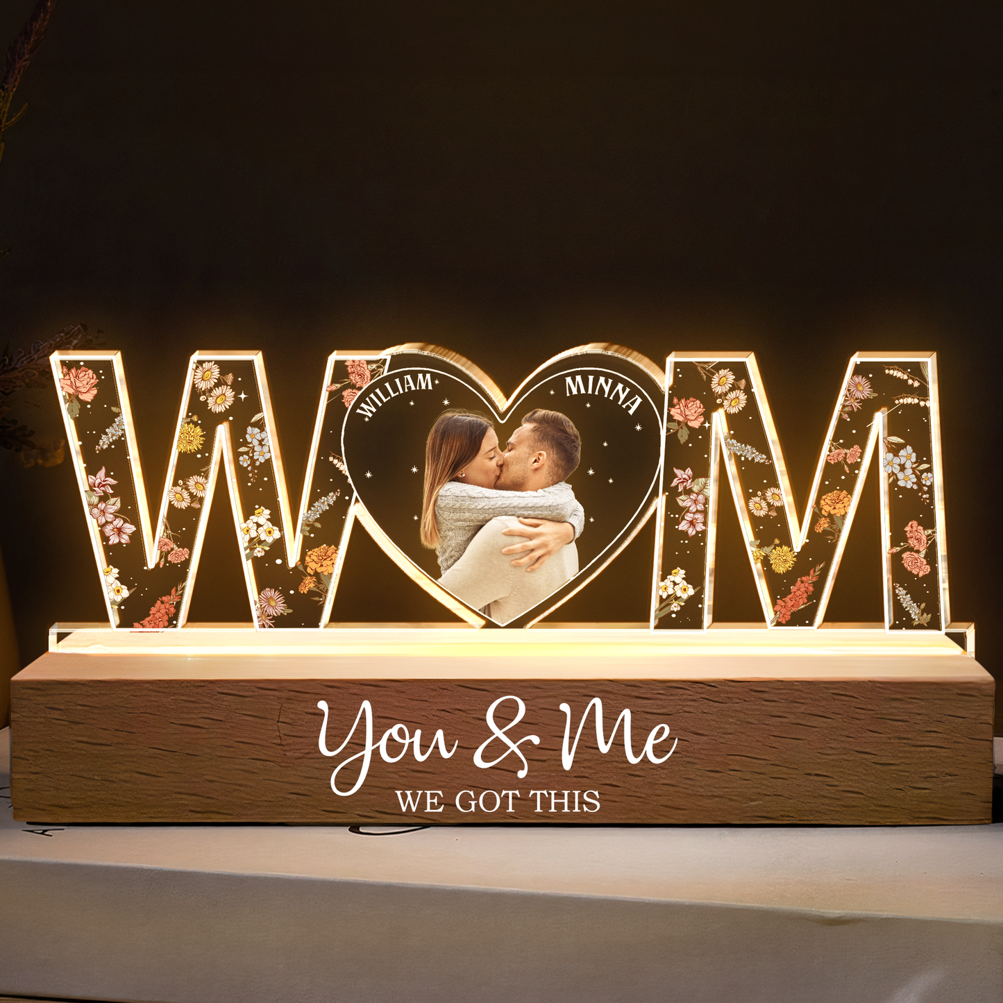 You & Me We Got This Photo Upload & Custom Name - Personalized Acrylic Plaque LED Night Light, Couple Anniversary Gifts, Valentines Gift for Couples