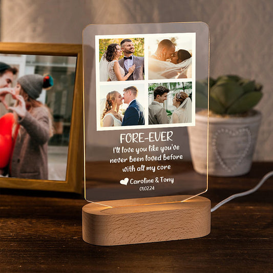 Personalised 4 Photos Collage LED Night Light with Wood Base Wedding Anniversary Gift for Couple