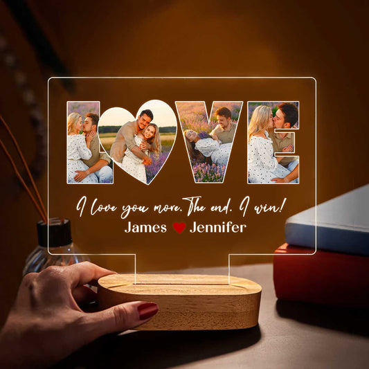 Custom Love Picture Collage Night Light, Personalized Valentines Anniversary Gift For Her Him, I Love You More The End I Win Led Light, Couple Gifts