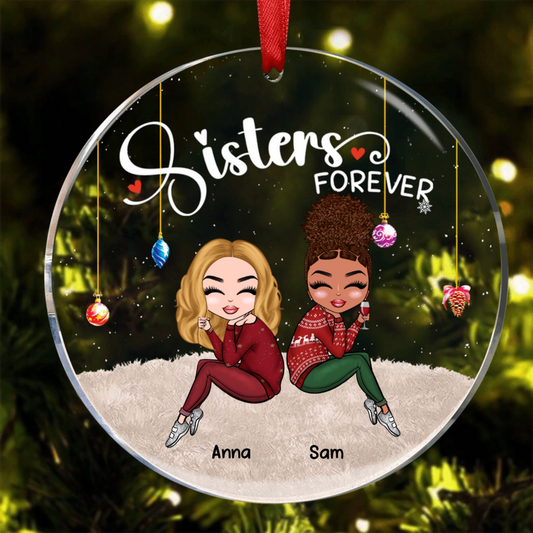 Sisters Christmas Gift - Sisters Forever - Personalized Circle Glass Ornament