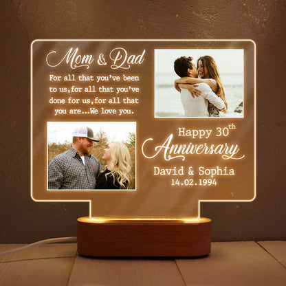 Happy 30th Anniversary Double Picture Night Light, Personalized 30 Year Anniversary Gift For Mom And Dad, Custom 30th Anniversary Gifts For Parents