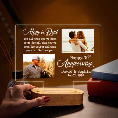 Happy 30th Anniversary Double Picture Night Light, Personalized 30 Year Anniversary Gift For Mom And Dad, Custom 30th Anniversary Gifts For Parents