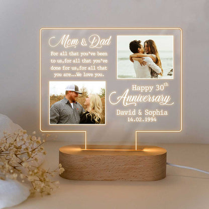 Happy 30th Anniversary Double Picture Night Light, Personalized 30 Year Anniversary Gift For Mom And Dad, Custom 30th Anniversary Gifts For Parents