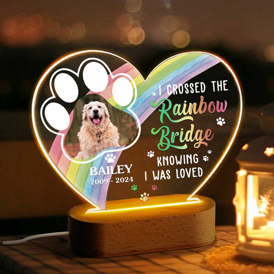 I Crossed The Rainbow Bridge Custom Pet Acrylic Led Nightlight, Personalized Memorial Dog Heart Night Light, Gift For Pet Owners