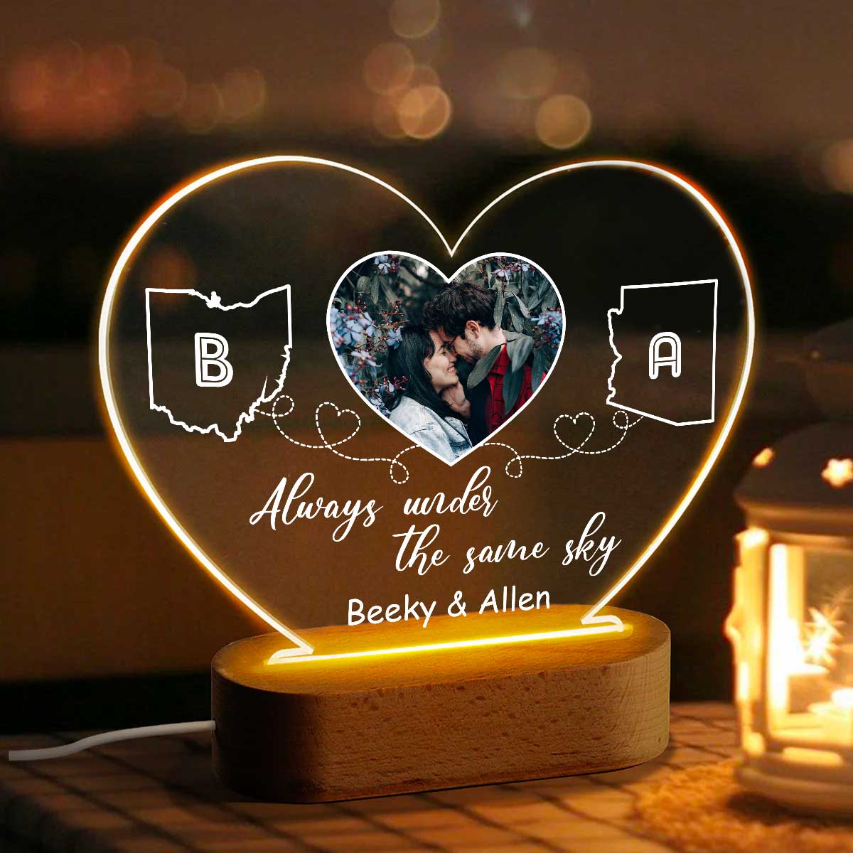 Personalized Two Map Night Light For Long Distance Couples, Custom Lamp For Distant Relationships, Long Distance Valentine’s Day Plaque