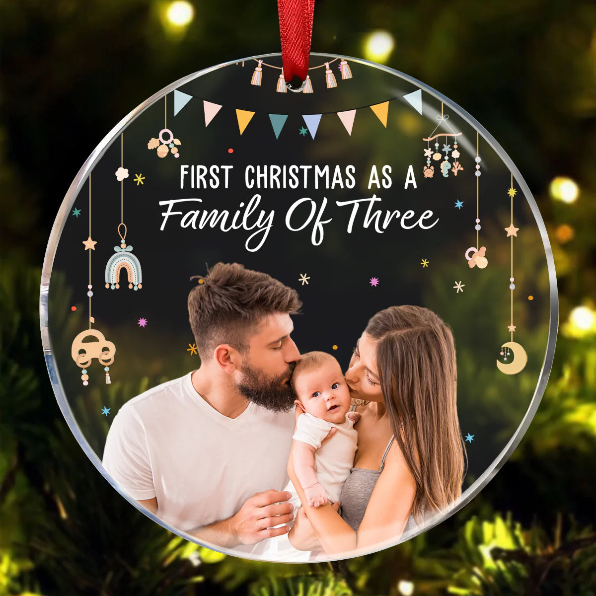 Baby First Christmas As A Family Of Three - Personalized Photo Glass Ornament