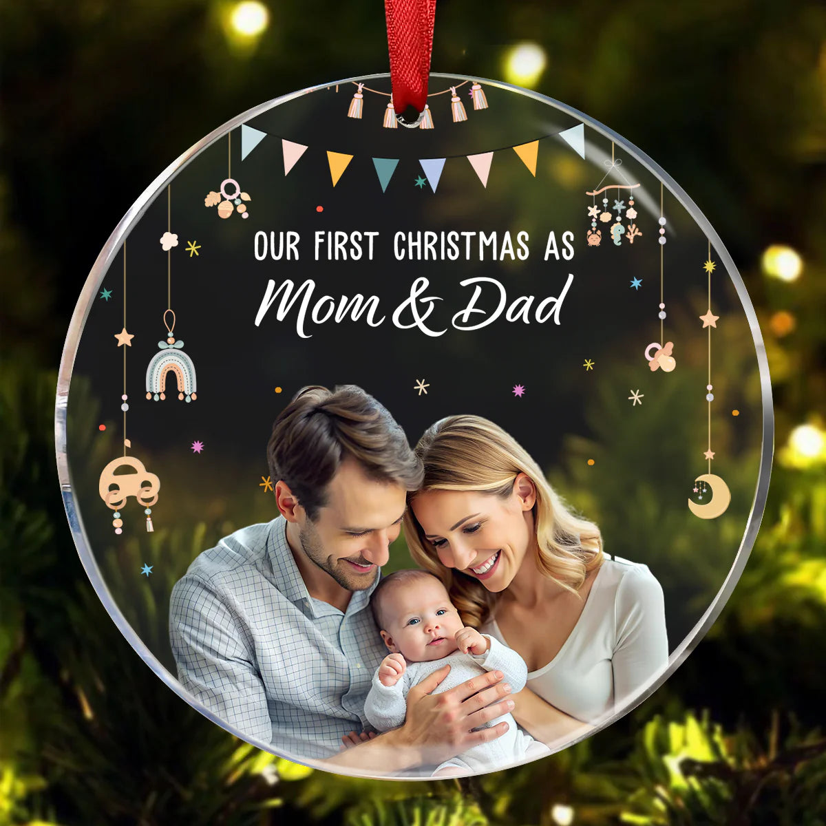 Baby First Christmas As A Family Of Three - Personalized Photo Glass Ornament