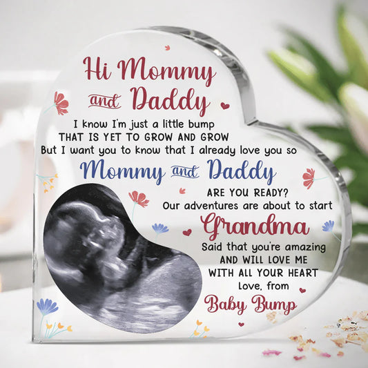 Custom Photo Our Adventures Are About To Start - Family Personalized Custom Heart Shaped Acrylic Plaque - Baby Shower Gift, Gift For First Dad, First Time Mom Gift