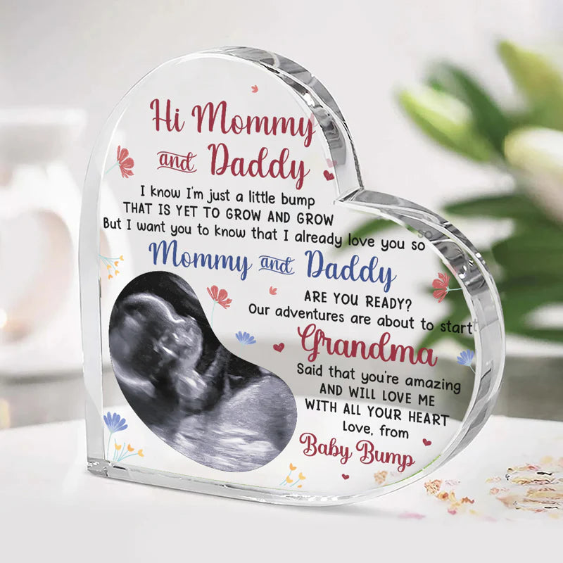 Custom Photo Our Adventures Are About To Start - Family Personalized Custom Heart Shaped Acrylic Plaque - Baby Shower Gift, Gift For First Dad, First Time Mom Gift